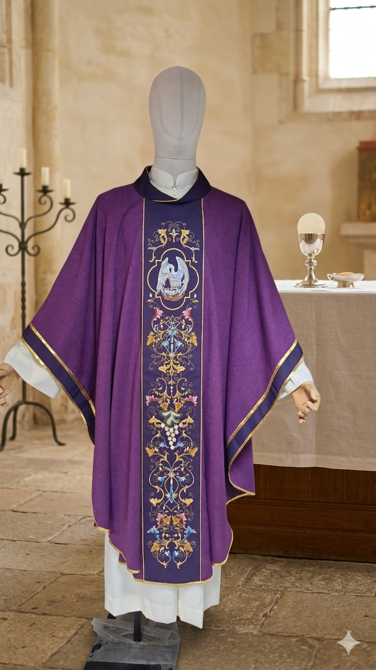 Casulla de lino, color morado, tiras a los costados
